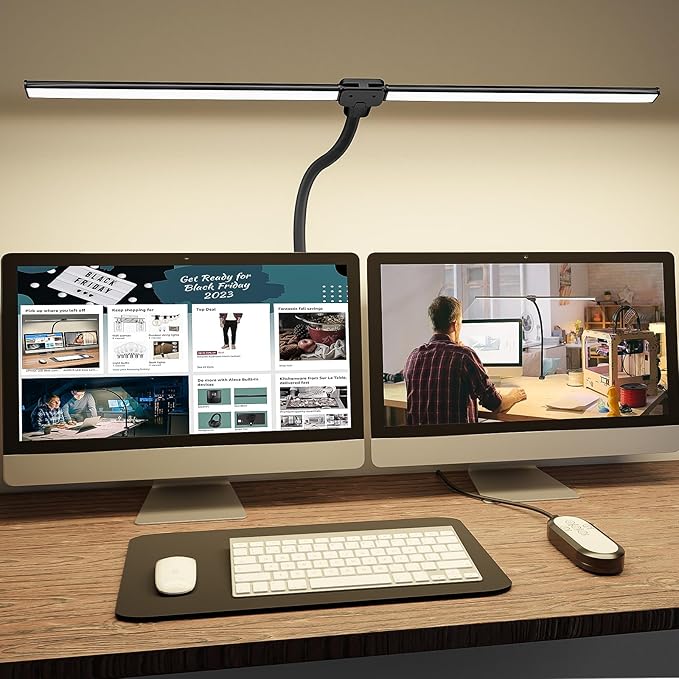 ShineTech LED Desk Lamp for Home Office, 3000K Warm White Double Head Architect Task Lamps with Clamp, Dimmable Adjustable Flexible Gooseneck, Black