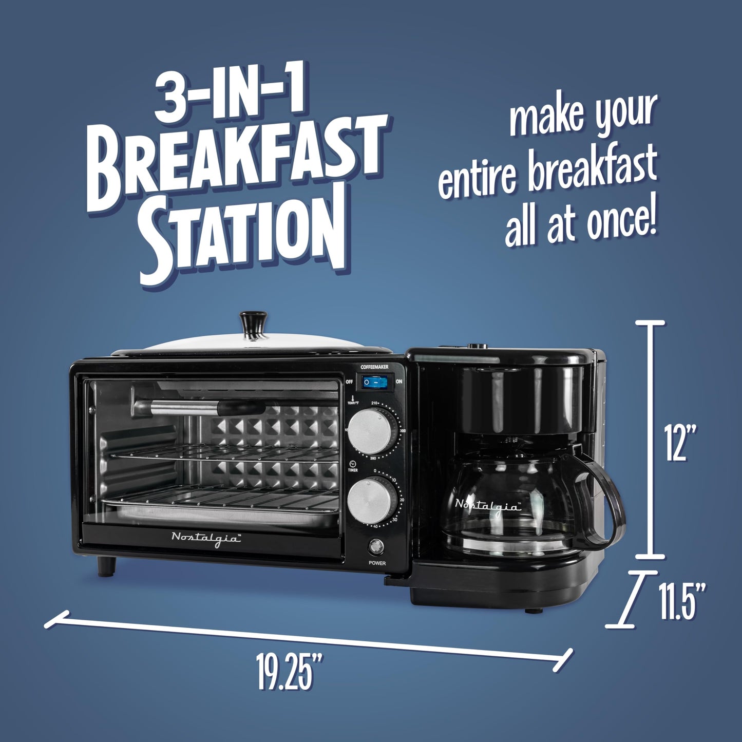 Nostalgia 3-in-1 Breakfast Station - Includes Coffee Maker, Non-Stick Griddle, and 4-Slice Toaster Oven - Versatile Breakfast Maker with Timer - Aqua