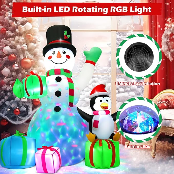 7 FT Christmas Inflatable Snowman Outdoor Decoration with Build-in Multicolor LEDs, Snowman with 4 Gifts Blow Up Inflatables Christmas for Yard Garden Lawn Xmas Holiday Decor