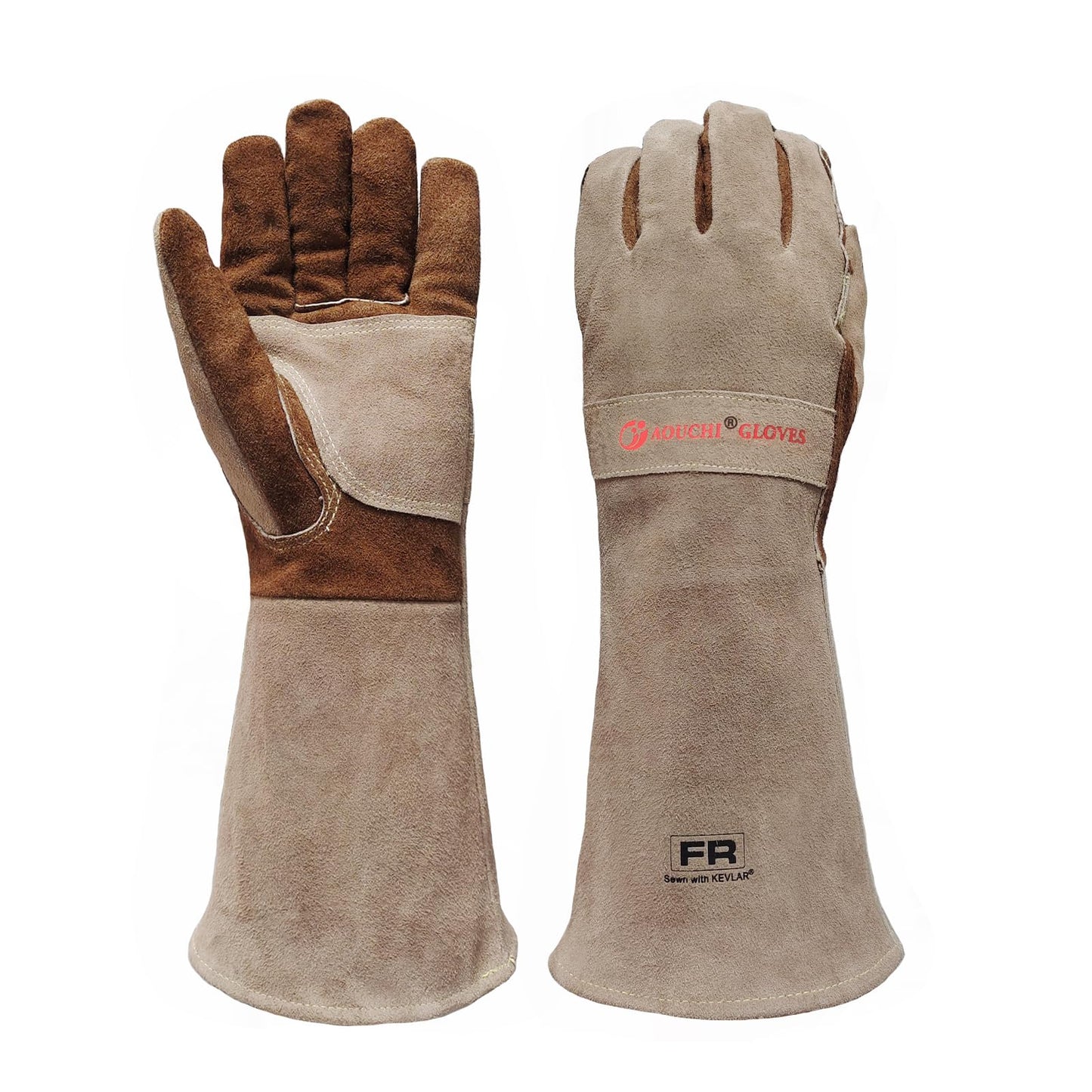 AOUCHI Leather Welding BBQ Fire Gloves, Fireproof Heat-Resistant Long Sleeve Mitts for TIG/MIG, Log Wood Burners, Firefighting, Barbecue, Fireplace, Oven, Stove, Grill, Animal Handling (Medium)