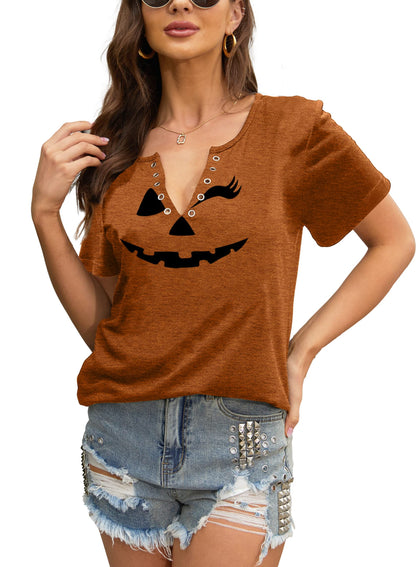 MAIHUN Halloween Pumpkin Face Shirts for Women Hocus Pocus Shirt Funny Pumpkin Tee Tops