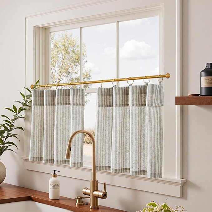 jinchan Striped Linen Kitchen Curtains with Attached Valance 24 Inch Length Cafe Tier Curtains for Living Room Rustic Half Window Light Filtering Rod Pocket Small Drapes 2 Panels Taupe Grey