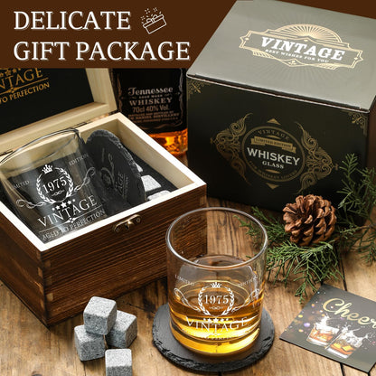 50th Birthday Gifts for Men Whiskey Glass Set - 50th Birthday Decorations, Party Supplies - 50 Year Anniversary, Bday Gifts Ideas for Him, Dad, Husband, Friends - Wood Box & Whiskey Stones & Coaster