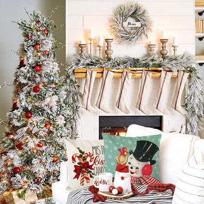KACOPOL Christmas Decorations Pillow Covers 18×18 Set of 4 Snowflake Santa Snowman Deer Bird Candy Cane Xmas Rustic Winter Holiday Throw Pillows Farmhouse Christmas Decor Cushion Cases (18"x18")