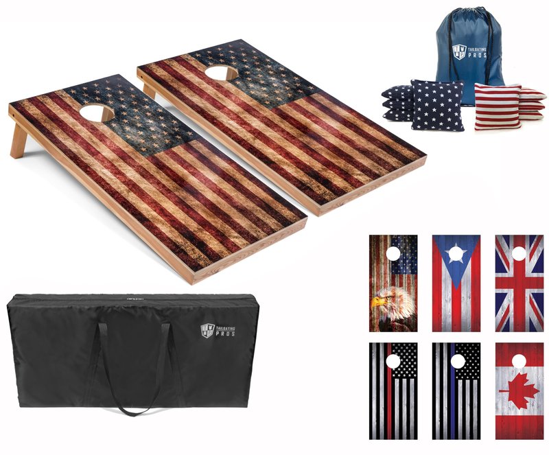 Tailgating Pros American Themed Cornhole Board Set - Official Regulation Size 4'x2' Corn Hole Toss Game w/Set of 8 Bean Bags and Carrying Case - Outdoor Tailgate Yard Game