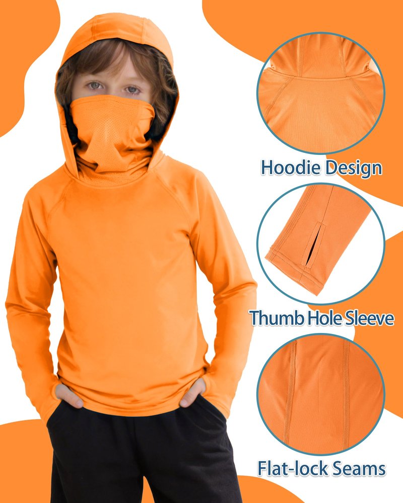 DRONIRING Boys Hooded Fishing Shirt with Mask, Kids UPF 50+ Long Sleeve Rash Guard Hoodie, Sun Protection Beach Swim Shirts Orange