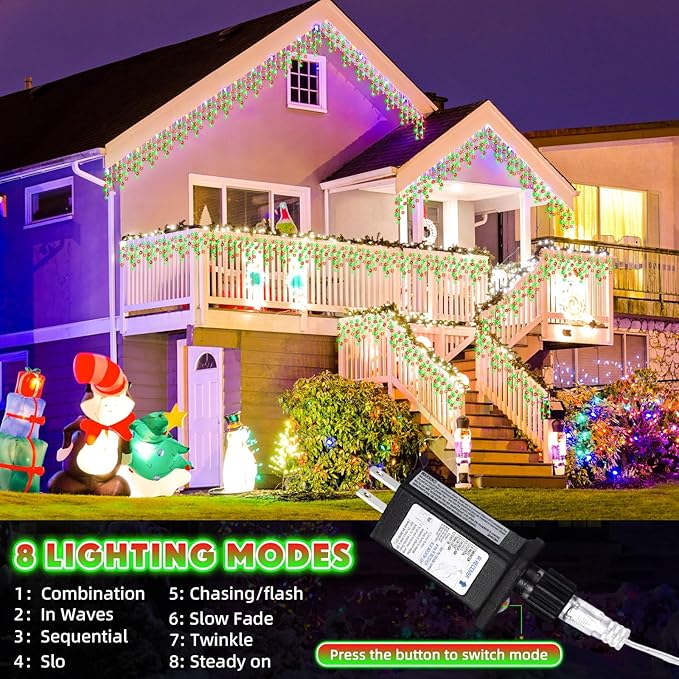 132 Ft 1280 LED Christmas Icicle Lights Extra Long 8 Modes Waterproof Icicle String Light with 240 Drops, Fairy Hanging Lights Decor with Remote for Xmas Wedding Indoor Outdoor Red and Green