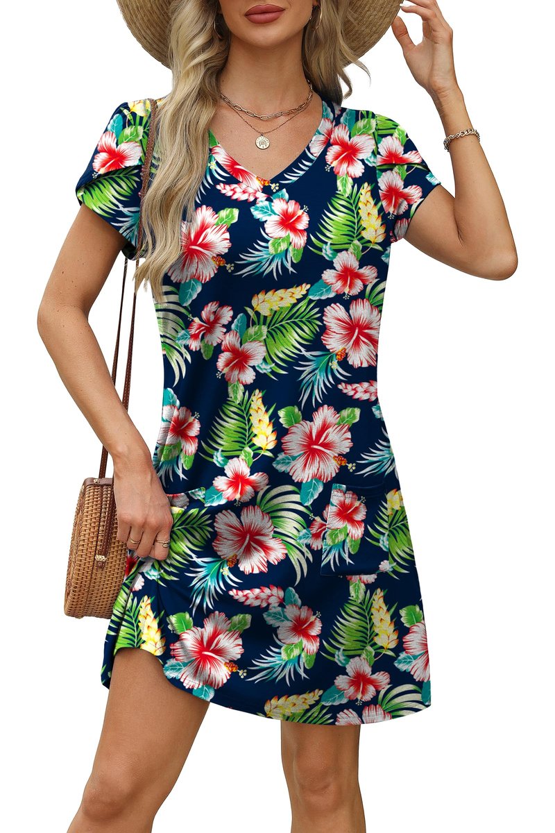 OFEEFAN Hawaiian Dresses for Women Summer Tropical Floral Dress Tshirt Dress Sundresses Beach Vacation Clothes Resort Wear Outfits Print 01 L