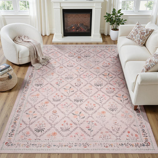 DCX Washable 8x10 Pink Floral Rug for Girls Bedroom, Soft Cottagecore Rug for Baby Girl Nursery, Non Slip Low Pile, Kid & Pet Friendly Vintage Botanical Carpet