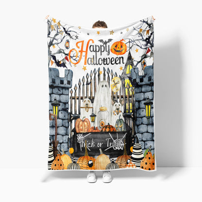 Halloween Blanket,White Ghost Pumpkin Bats and Spider Gothic Castle Terrorism Hallloween Throw Blanket,All Season Bed Couch Sofa Flannel Blanket,50X60 Inch.