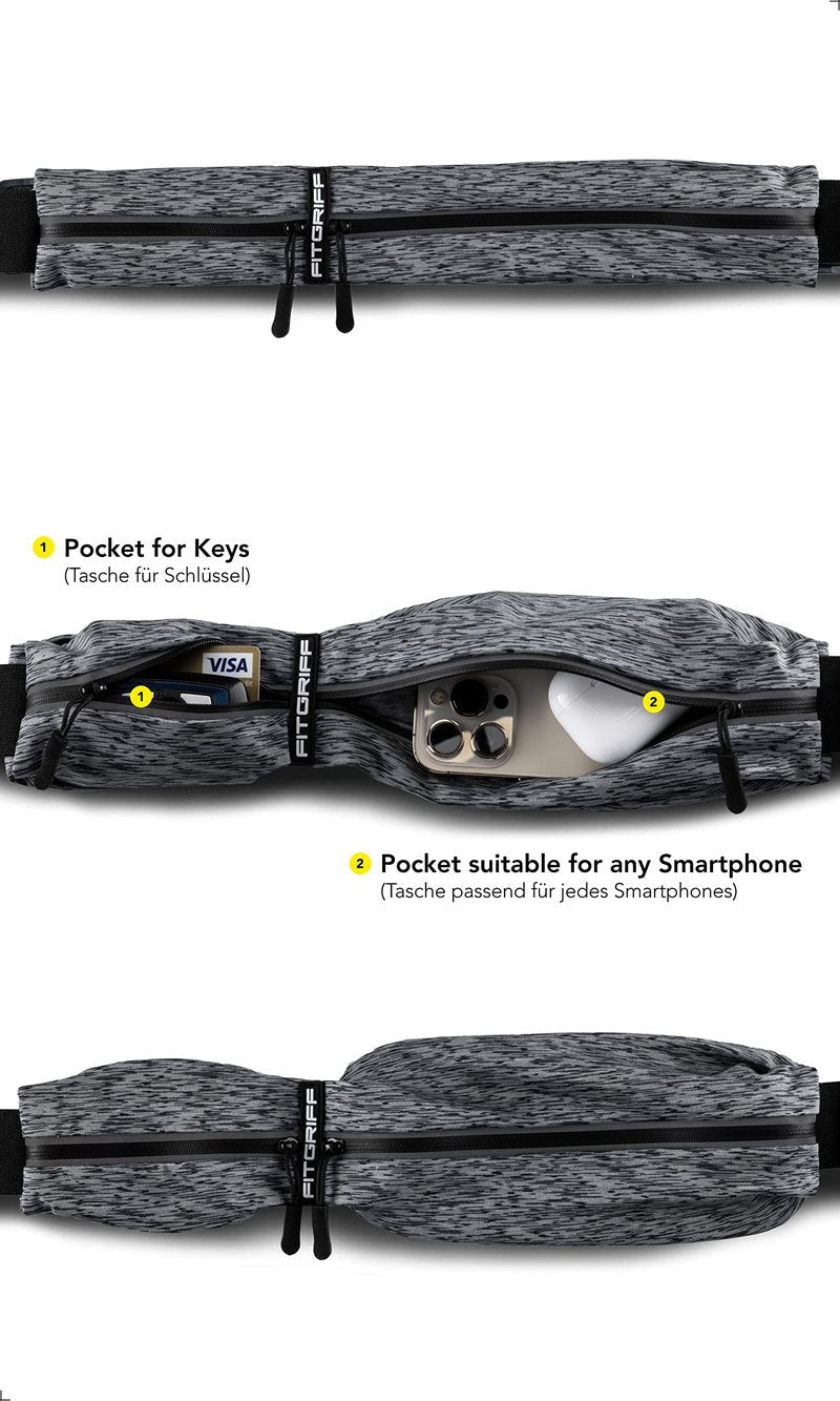 Fitgriff® Running Belt for Men & Women - Secure Jogging Pouch for Phone, Keys & Essentials - For All Cell Phones (Grey 2, 33.5" - 47.5" Waist Size)