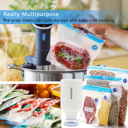 MOMODA Sous Vide Cooking Bags - Set of 40 | BPA-Free Reusable Vacuum Seal Bags with Air Valve for Joule and Anova Cookers | Freezer Safe Vacuum Food Storage Bags with Upgraded Hand Pump Included