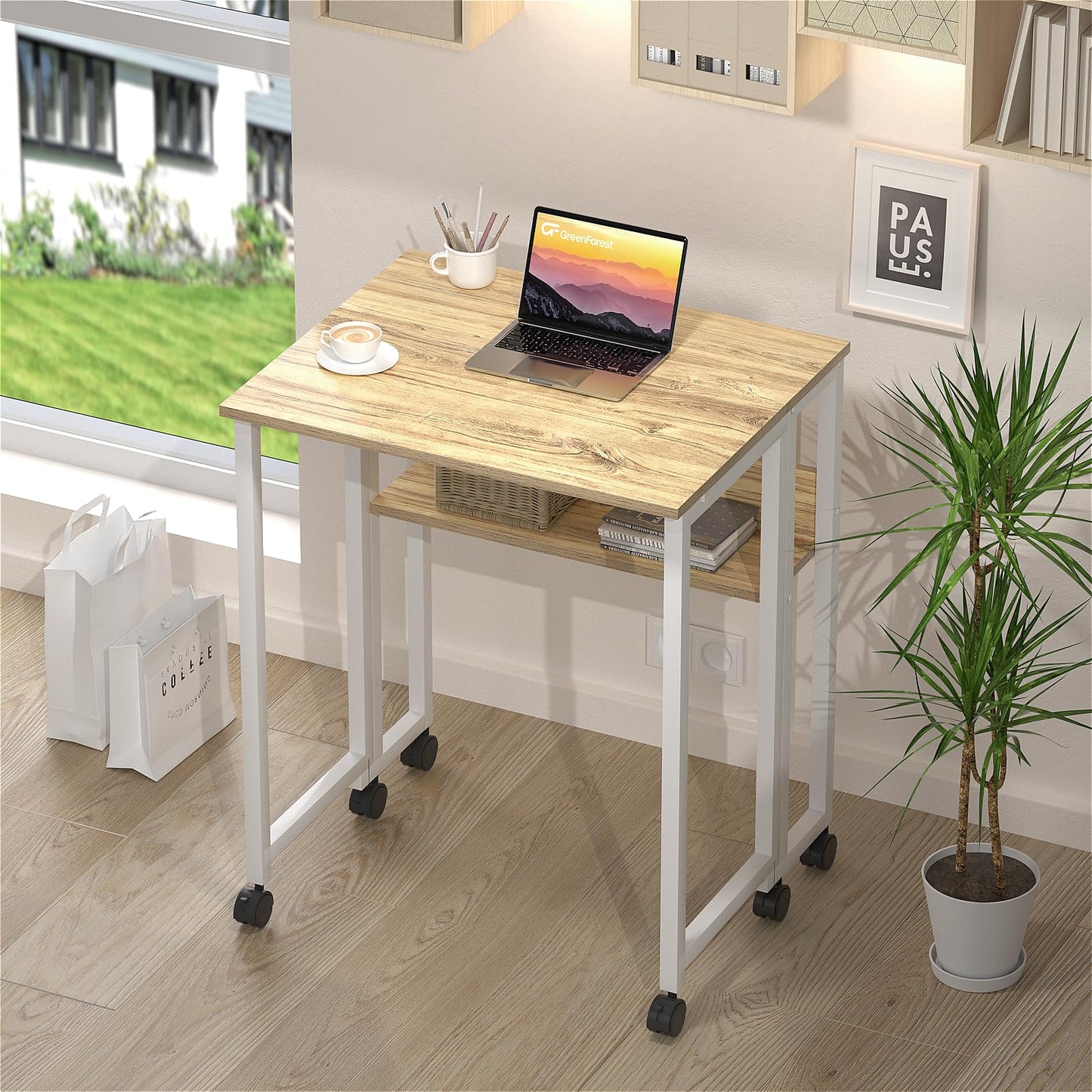 GreenForest Folding Desk Small Rolling Desk with Storage Shelf,24.8 inch Foldable Computer Desk with Wheels for Small Space,Easy Assembly,Oak