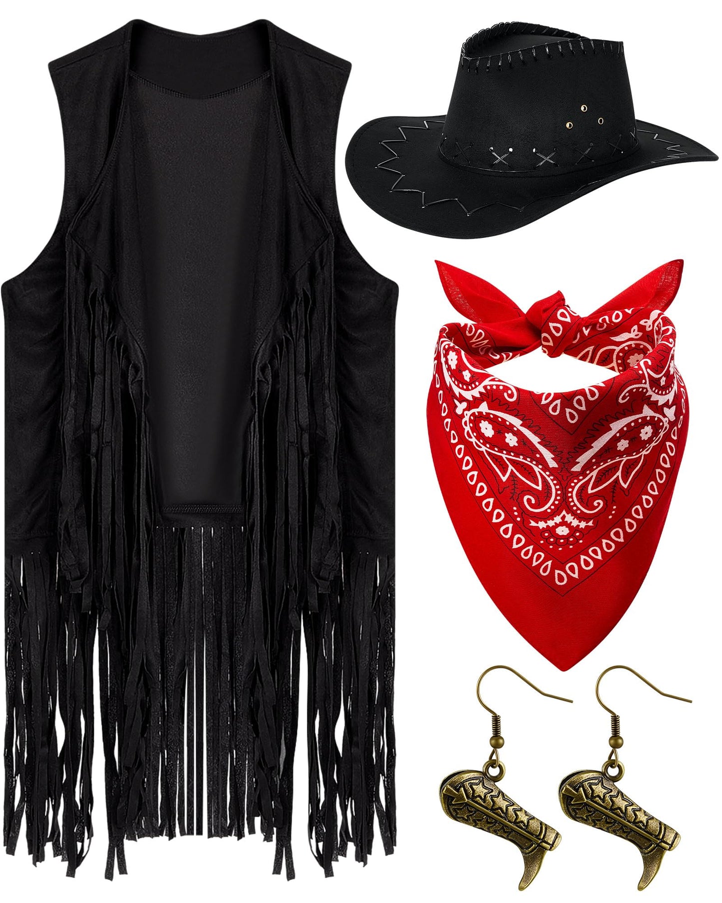 Xtinmee 4 Pcs Halloween Western Cowgirl Outfits Set Women Tassel Vest Cowboy Hat Dangle Drop Earring Paisley Bandana Dress up(3XL,Black)