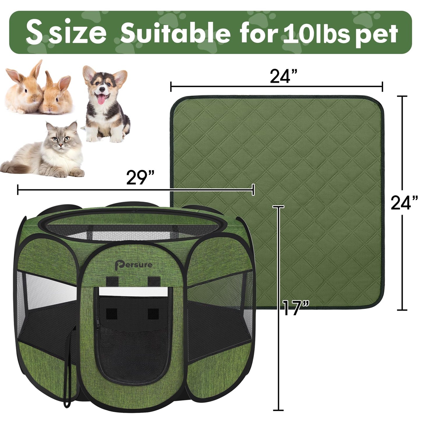 Dog Cat Playpen Indoor Outdoor for Puppy Pet Dogs Cat Recovery After Surgery, Dog Tent Crates Cage Indoor/Outdoor, Portable Pop Up Kennel with Carrying Case for Travel (Premium Green with Pad, Small)