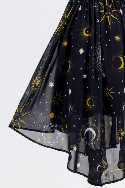 FEAPHY Women's Vintage Chiffon Sun Moon Star Sleeveless A-Line High Low Dress (0-Galaxy-Black, M)