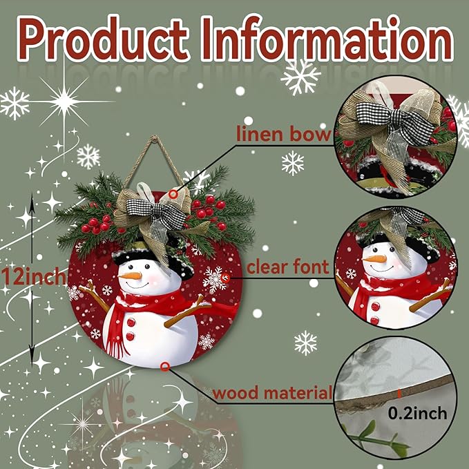 Snowman Door Sign Winter Cardinal Bird Poinsettia Hanging Sign with Wreath and Bow Xmas Snowflake Pines Holly Berry Round Wooden Front Door Sign for Seasonal Farmhouse Decor 12x12 Inch