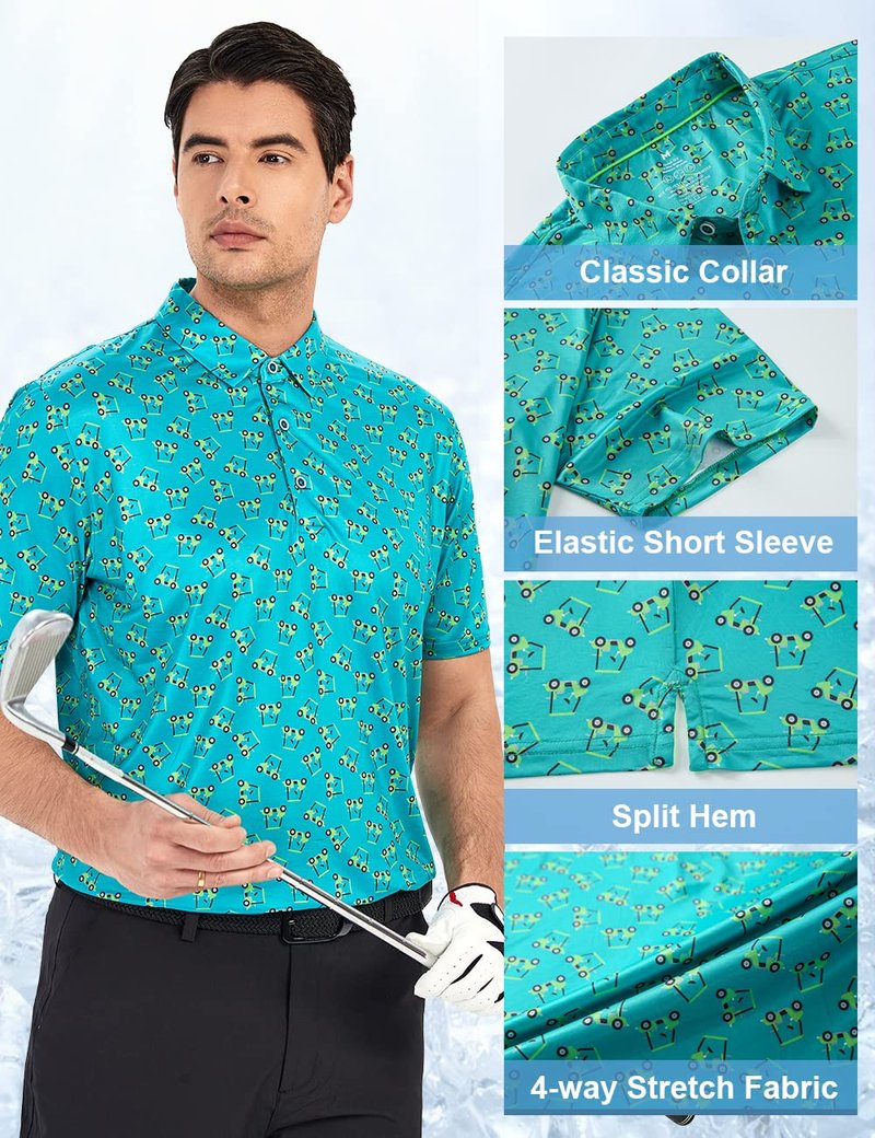 Hodaweisolp Golf Shirts for Men Dry Fit Print Moisture Wicking Performance Short Sleeve Polo Shirt Green Car-XL