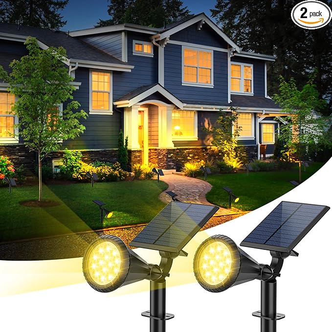 Solar Spot Lights Outdoor, 4 Modes/2 Pack Solar Spotlights Waterproof, 180° Adjustable Powered Landscape Lights, Outdoor Solar Lights for Yard Garden Pathway Flag Tree Wall Statue Warm White