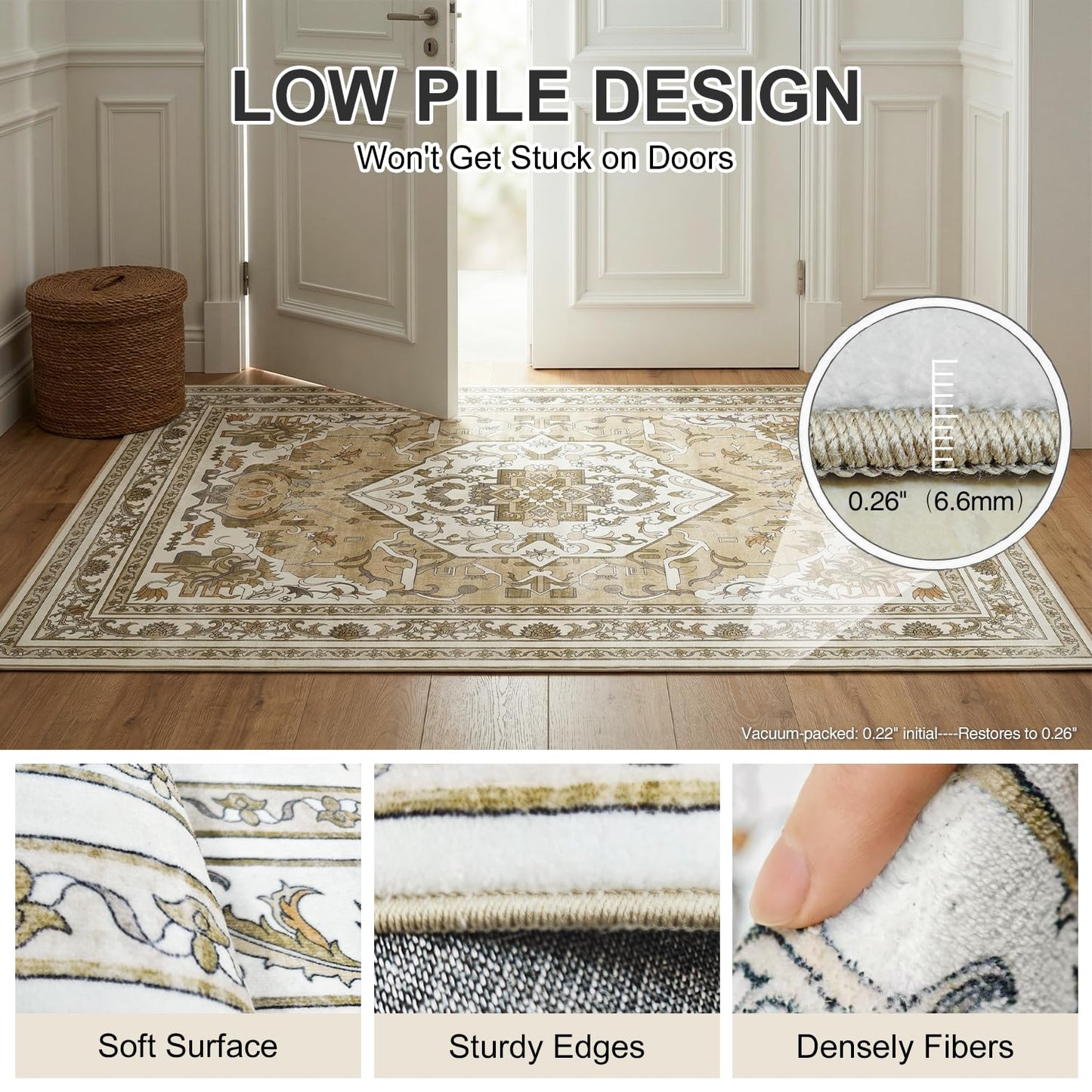 Cnythlis Large Washable Area Rug 8'x10' for Living Room, Water-Resistant, Non Slip Distressed Traditional Medallion Style Rug for Bedroom, 0.26" Low Pile, Pet Friendly Soft Faux Wool, Beige & Ivory