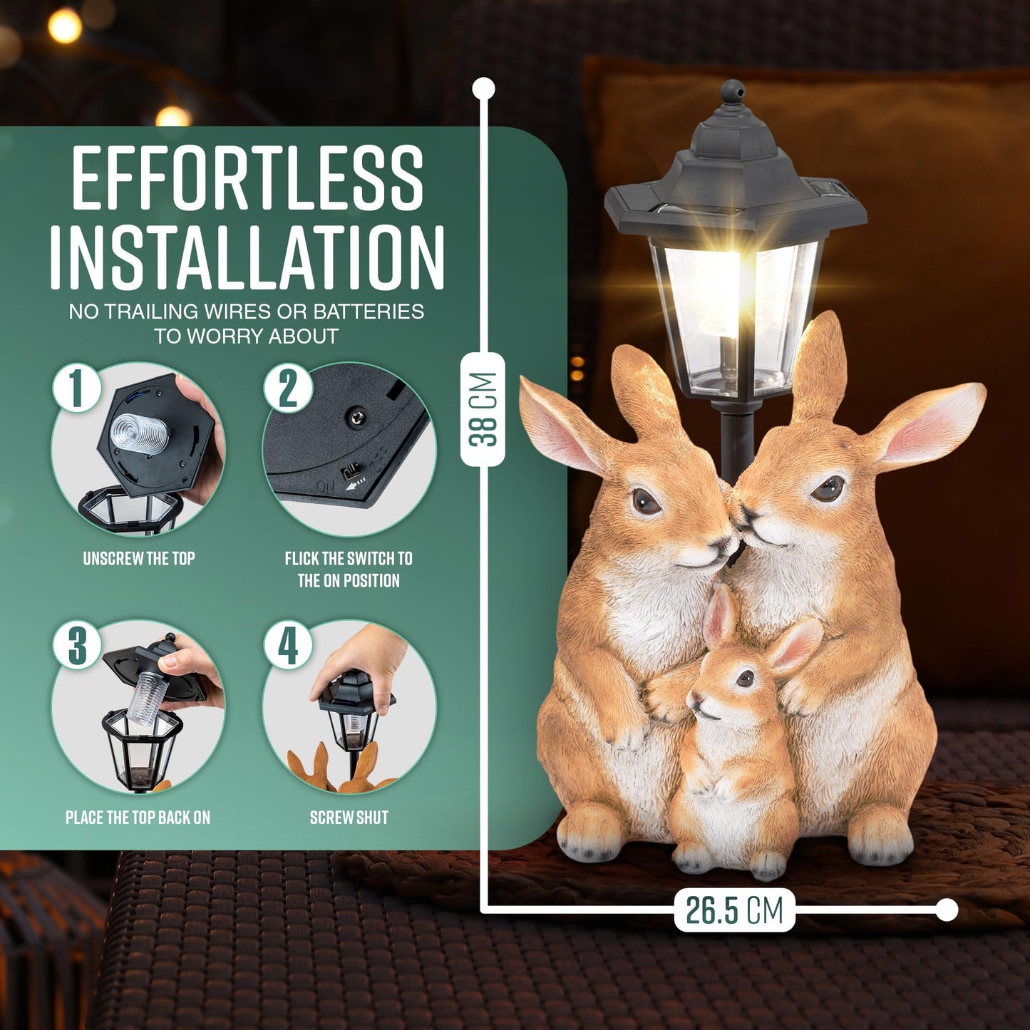 GloBrite Solar Rabbit Family with Lantern Post Light – Resin Garden Ornaments Outdoor Use - Solar Garden Lights for Yard, Patio, Lawn– Charming Animal Figurines