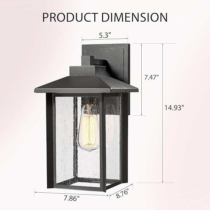 Bestshared Outdoor Wall Lights, Outside Sconce Light, Exterior Lighting Fixture, Outdoor Wall Lantern, Black Porch Lamp with Seeded Glass for Entryway, Garage (Black, 14.9" H)
