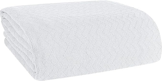 BELIZZI HOME 100% Cotton Bed Blanket, Breathable Thermal Blanket Twin Size, Soft Chevron 60 inch x90 , Perfect for Layering Any All Season, White