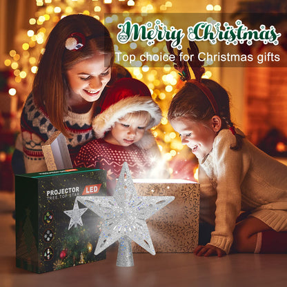 Kesfitt Christmas Tree Topper Sliver Lighted with 6 Projection Modes,Christmas Star Tree Topper Built-in LED Rotating Lights, 3D Glitter Dynamic Projection for Xmas Party Holiday Decorations