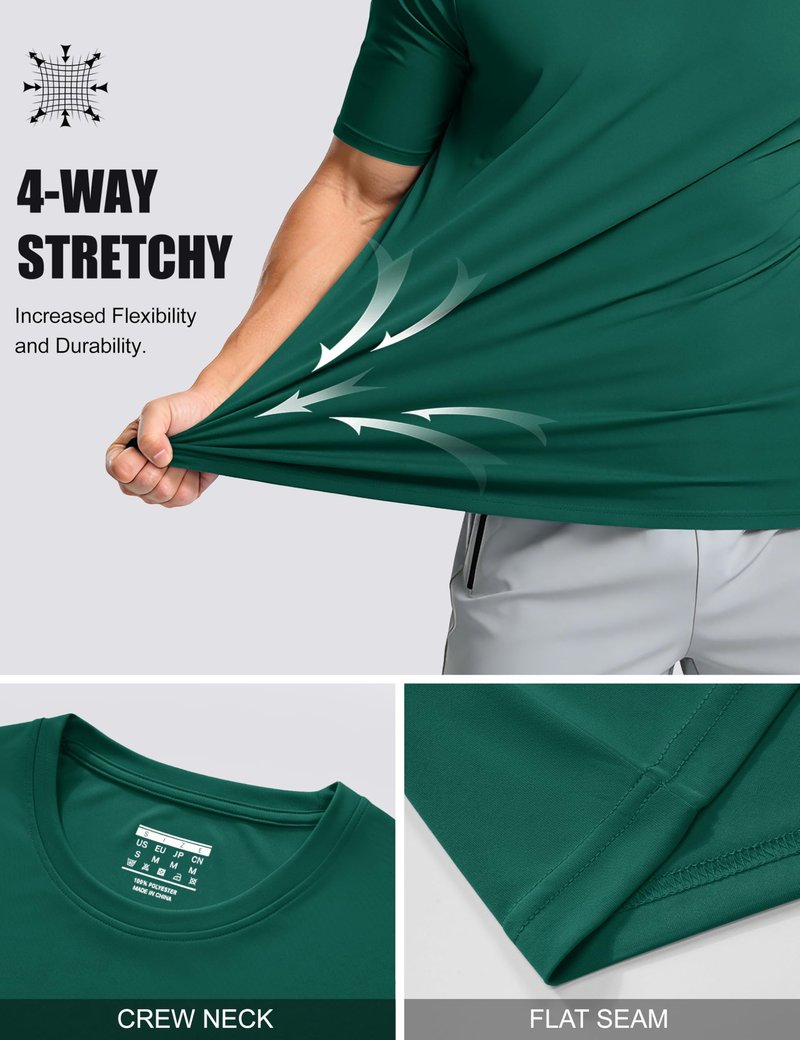 Mens Short Sleeve Shirts Lightweight T-Shirt Sun Protection Rash Guards Shirts Gym Shirts Base Layer Running Shirts Active Shirts Emerald Green
