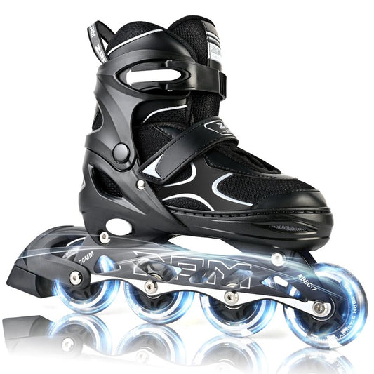 2PM SPORTS Inline Skates for Kids Girls Boys Ages 5-8 8-12 4-6 6-12 with Light Up Wheels, Adjustable Roller Skates Blades for Adults Men Women Male Beginners Youths, Black Large