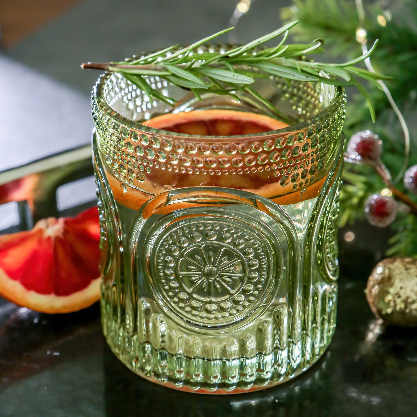 Kate Aspen Retro Arch Floral Green Drinking Glasses Set of 6-10 oz Vintage Beaded Glassware, Textured Water & Cocktail Cups, Holiday Drinkware, Christmas Gift Glass Set, Hostess or Holiday Gift