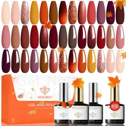 modelones 24PCS Gel Nail Polish Set, Fall Winter Cat Eye Shimmer Gel Polish Kit Soak Off with Glitter, Glossy and Matte Top Base Coat DIY Manicure at Home