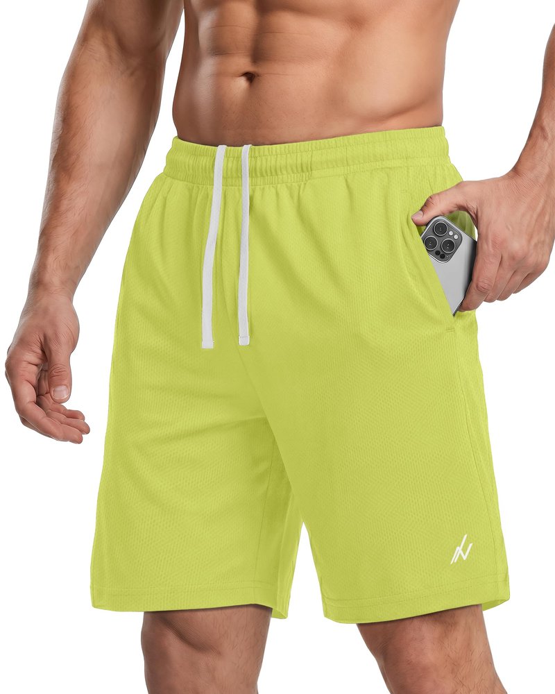 NY Threads Men's Athletic Shorts Quick Dry Loose-Fit Lightweight Running Workout Gym Shorts with Pockets, Large, Lime Green