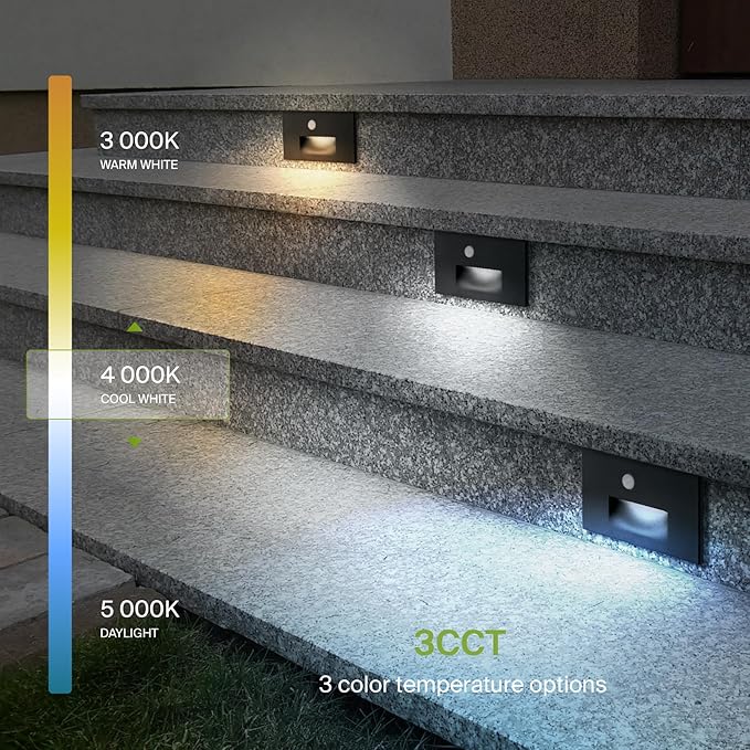 ASD LED Recessed Step Light Fixture, Outdoor & Indoor Stair Tread Lighting | 3CCT, Motion Sensor, Waterproof, ETL Listed | 3W 120LM 3000K-5000K 120V | Staircase Hardwired Illumination | Black