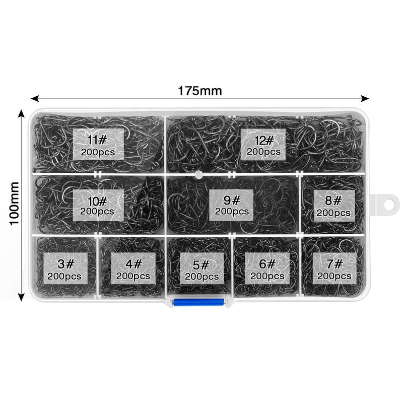 HETH 2000pcs Fishing Worm Hooks High Carbon Steel Wide Gap Offset Fishing Hook Set for Saltwater and Freshwater with 10 Sizes