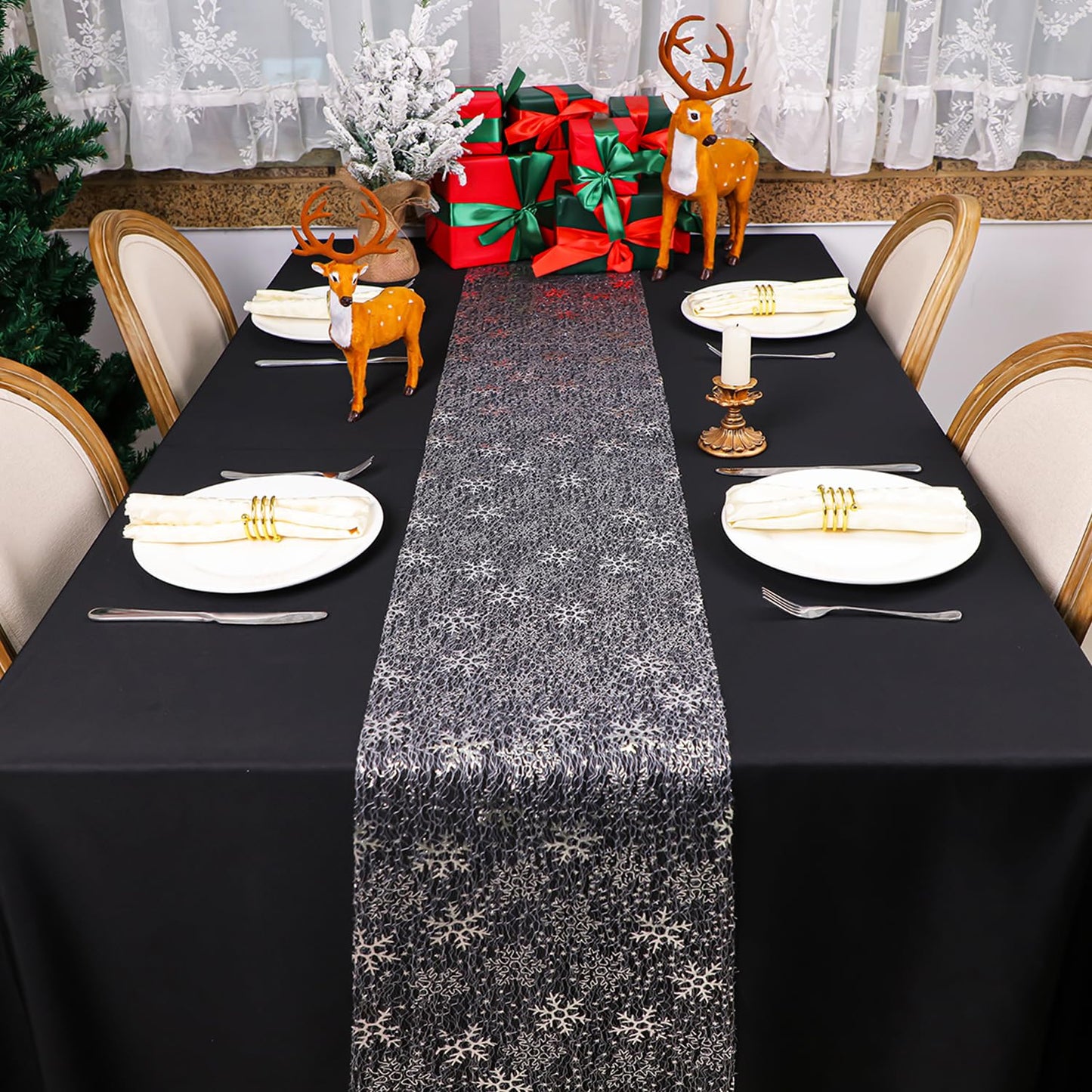 Snowkingdom 2 Pcs Christmas Snowflake Silver Table Runner 108 Inch Sparkly Silver Glitter Metallic Runners Decorations for Seasonal Winter Festival Holiday Home Party