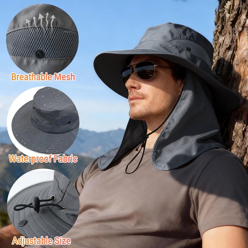 NPQQUAN Sun Hats for Men Women with Neck Flap UPF 50+ UV Protection Wide Brim Bucket Hat Safari Hiking Fishing Hats Darkgray（Neck Flap）