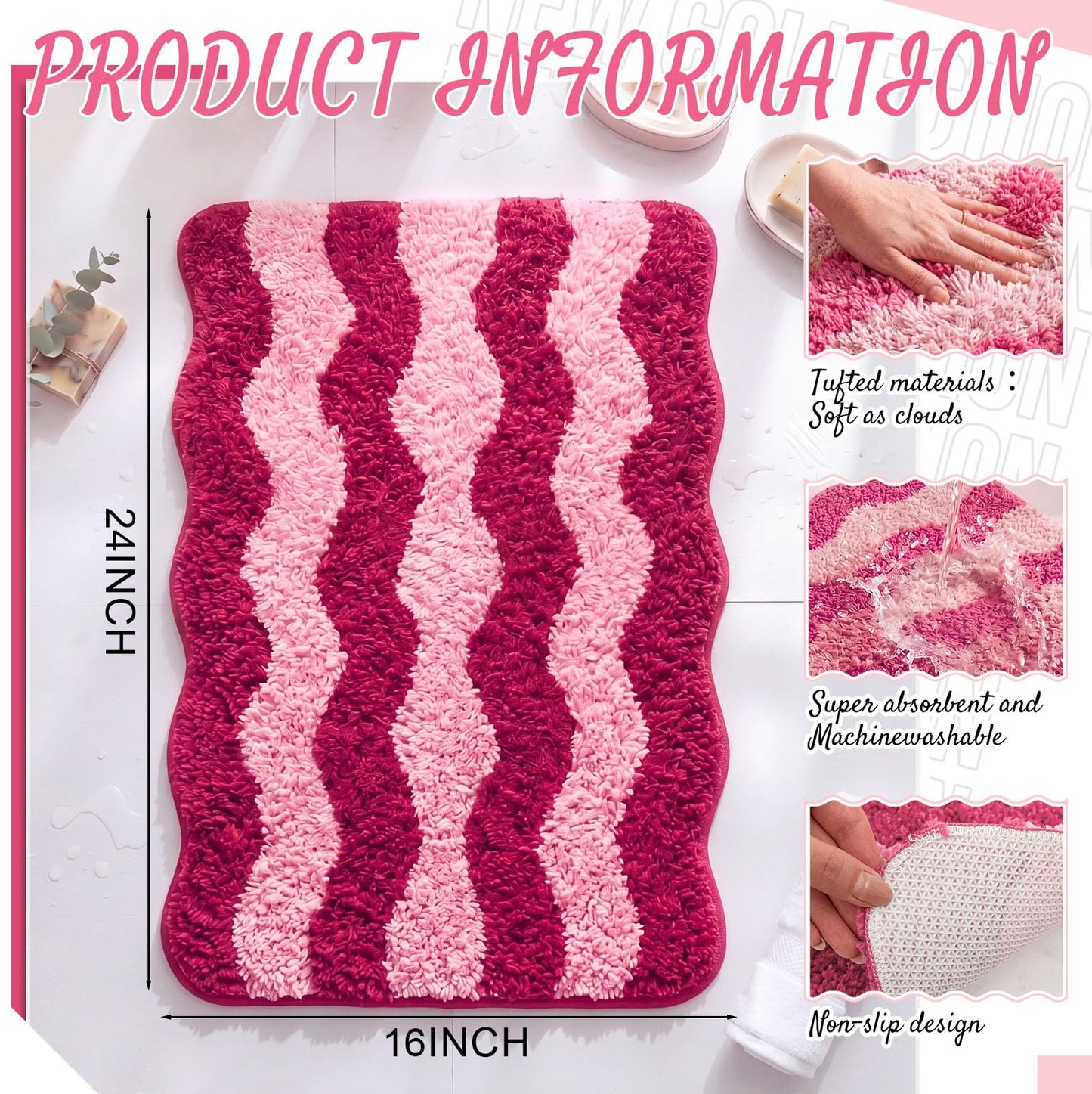 Nuanchu Cute Scalloped Bathroom Rug, Plush Tufted Absorbent Soft Wave Striped Bath Mat 24"x16", Non-Slip Washable Floor Carpet for Bathroom Bedroom Kitchen(Tomato & Pink)