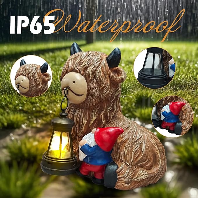 Highland Cow Gnome Solar Statues Decor - Garden Gnomes Statues Highland Cattle Mouth with Lights, Outdoor Ornaments Funny Decoration for Yard, Patio, Unique Gifts Birthday for Women, Mother Day