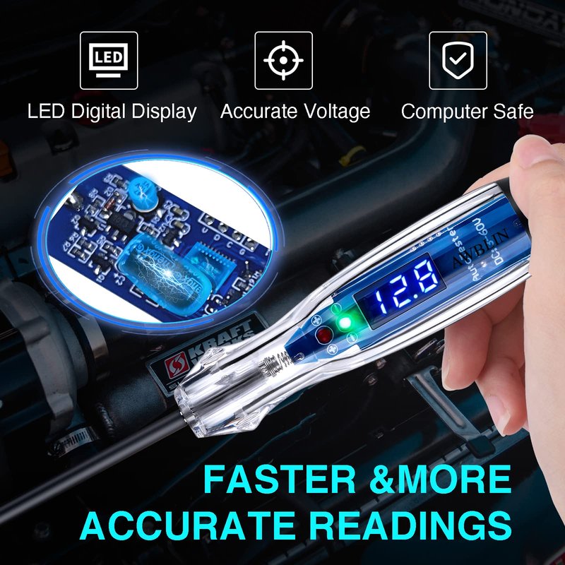 AWBLIN Automotive Test Light 3-60V DC Digital LED Circuit Tester, Heavy Duty Light Tester with Voltmeter, Auto Bidirectional Voltage Tester Electric Test Pen