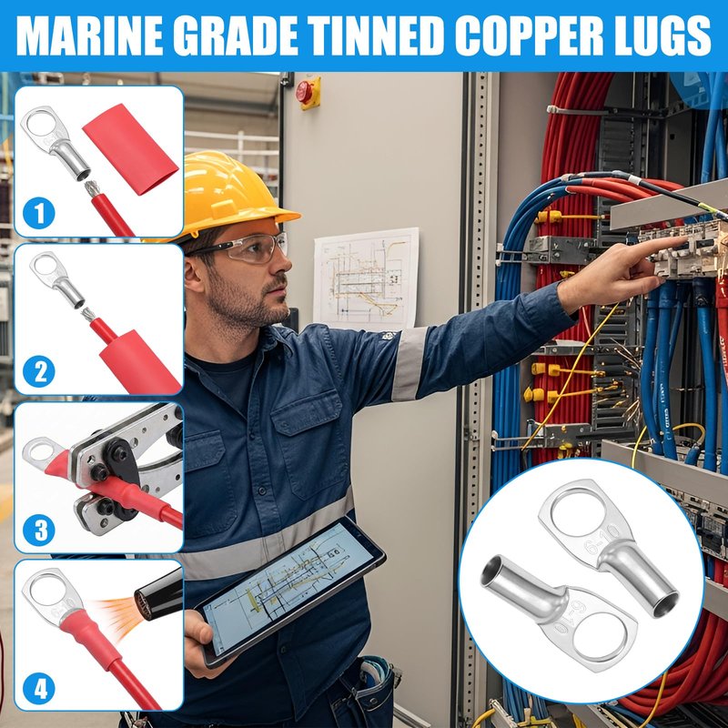 Saysurey 13 Pcs 10 Gauge 30ft Duplex Tinned Copper Marine Wire, 12v-24v 8 Gauge 2 Wire Trolling Motor Plug and 12v-48v 60amp Circuit Breaker and 4 Awg 3/8 Ring Marine Grade Copper Wires Lugs for Boat