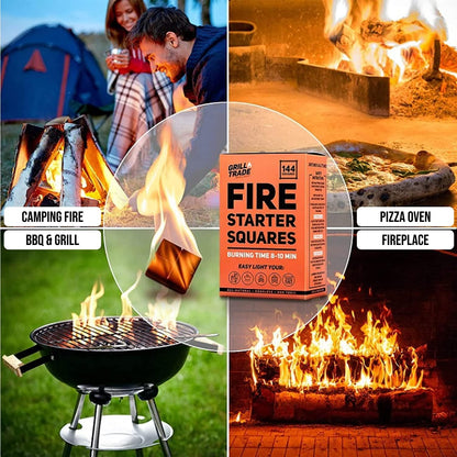 Grill Trade Fire Starter Squares 144, Easy Burn Your BBQ Grill, Camping Fire, Wood Stove, Smoker Pellets, Lump Charcoal - Fireplace Cubes - Ideal Barbeque Accessories