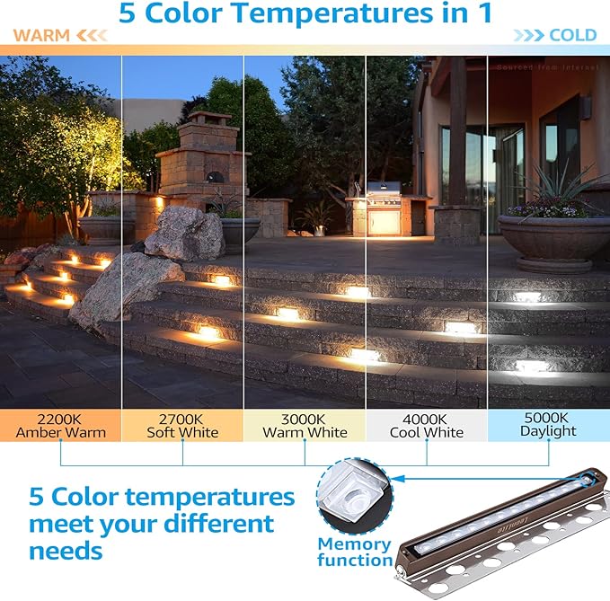 LEONLITE 5CCT 12 Inch Hardscape Lighting Low Voltage LED Swivel, 2200K/2700K/3000K/4000K/5000K Selectable, Retaining Wall Light, 12V, 7W, LED Hardscape Light, Paver Step Lights, ETL Listed, Pack of 4