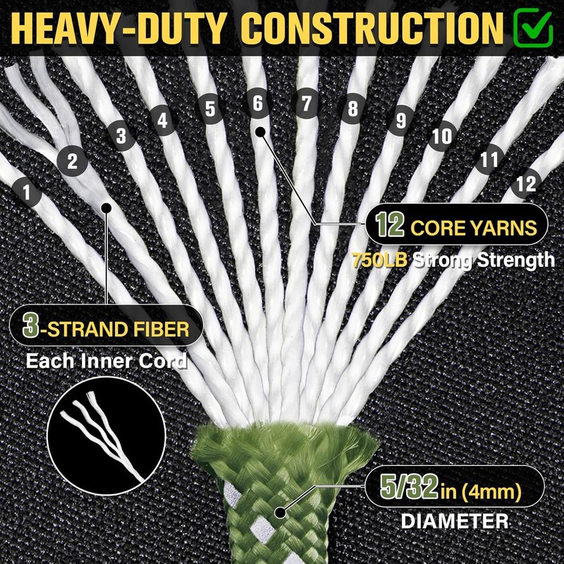 Reflective Paracord Rope - 750 lb Heavy Duty 50ft 12-Strand Parachute Cord | Army Green for Camping & Survival Gear
