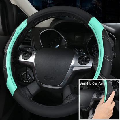CAR PASS Leather Steering Wheel Cover and Waterproof Car Floor Mats,Microfiber Universal Car Combo Fit for 95% Sedan,SUV,Cars,14.5-15inch Sporty Anti-Slip Safety Comfortable Design(Black&Mint)