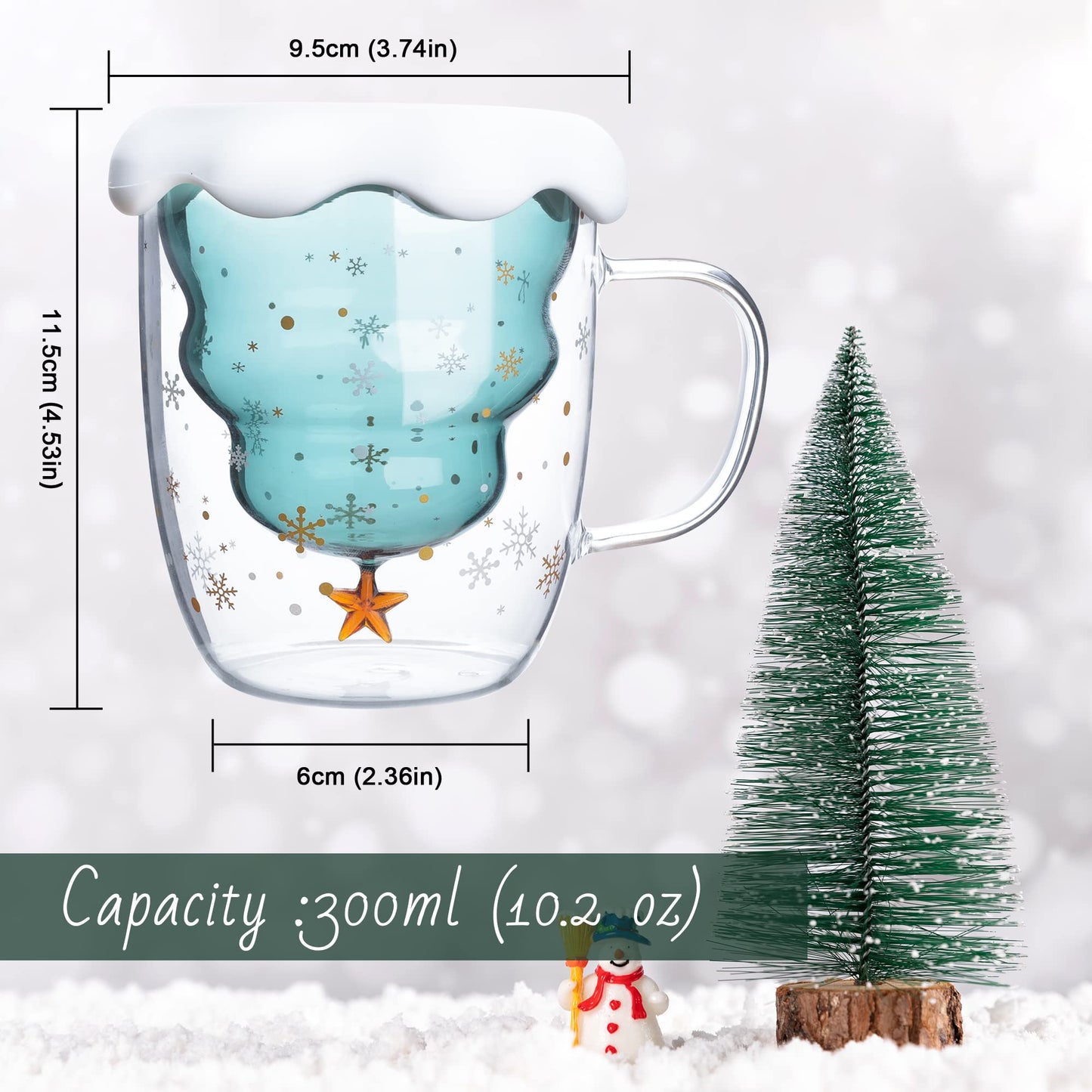 LIBWYS 2 Pack Christmas Mugs, Double Walled Borosilicate Christmas mug set with Snowflake Lid, Cute Mugs for Hot Cocoa and Coffee, 300ml Christmas tree mugs Christmas Gift for Family, Friend