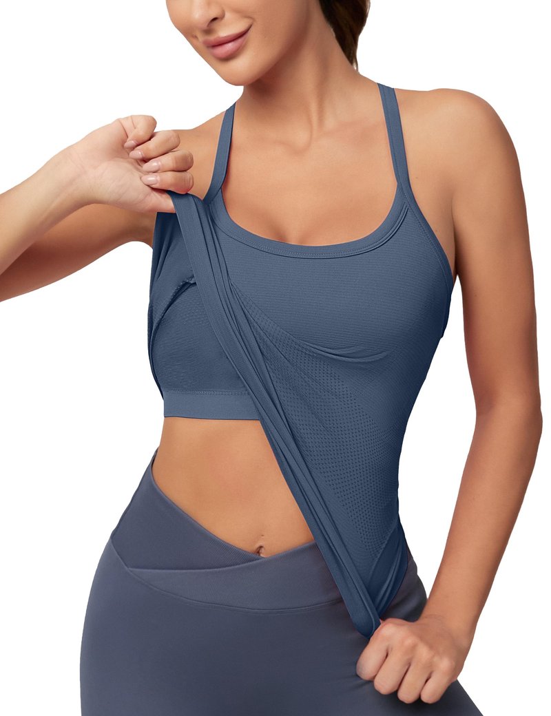 MathCat Workout Tank Tops for Women with Built in Bra, Sleeveless Gym Tops Seamless Racerback Athletic Yoga Shirts Grey Blue