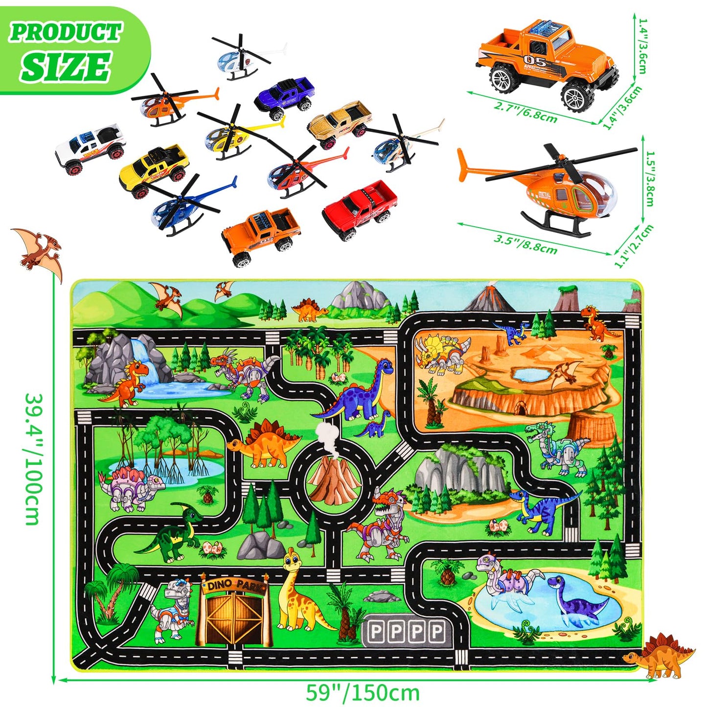 DINSUMRUG Dinosaur Play Rugs Gift Set, Jurassic Car Rug with 12 Metal Vehicles (6 Helicopters + 6 Pickup Trucks), 59"×39.4" Kids Car Play Mat, Dino Park Adventure Rug for Boys Girls 3-8 Years