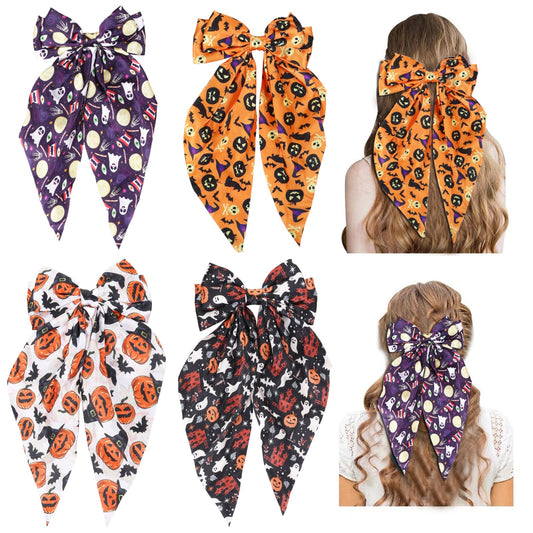 Halloween Silky Satin Hair Bows for Women,Big Ribbon Bow Hair Clips for Girls, Oversized Long Tail Hair Barrettes Cute Hair Accessories (Halloween purple)