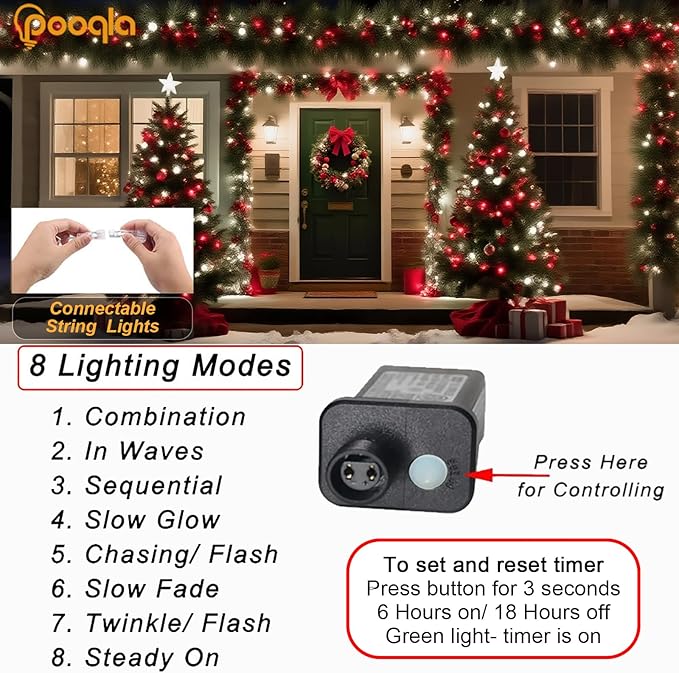 Christmas String Lights, 66 ft 200 LED Christmas Lights Plug in, Indoor Outdoor Connectable 8 Modes Clear Wire Twinkle Fairy String Lights for Xmas Tree Halloween Wedding Bedroom Party, Red and White